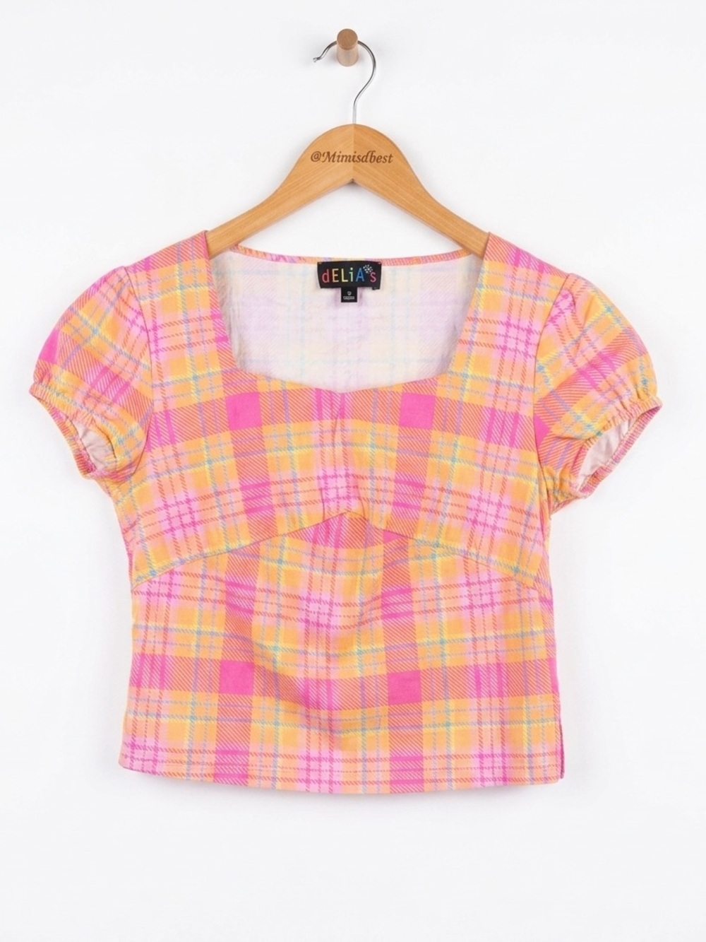 dELiA*s Plaid Crop Top Pink Orange Yellow Puff Sleeve Square Neck Size S